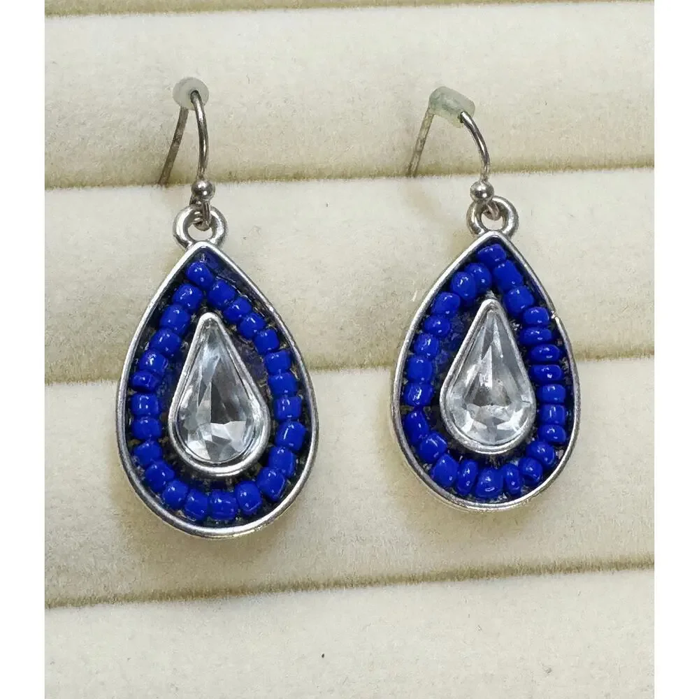 Blue Beaded Teardrop Dangle Earrings Silver Clear Crystal 1.25